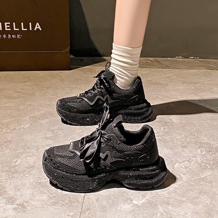 Gypsy rhinestone thick-soled dad shoes for women's autumn new mesh breathable heightening sneakers for women