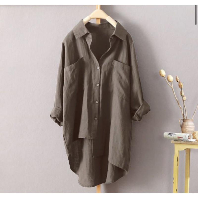 Women Oversized Long Linen Shirt Lapel Pocket Button Down Loose Casual Long Tunic Blouse