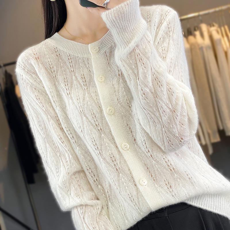 2023 Women's Retro Loose Round Neck Hollow Pure Wool Cardigan Sweater Knit - Early Autumn