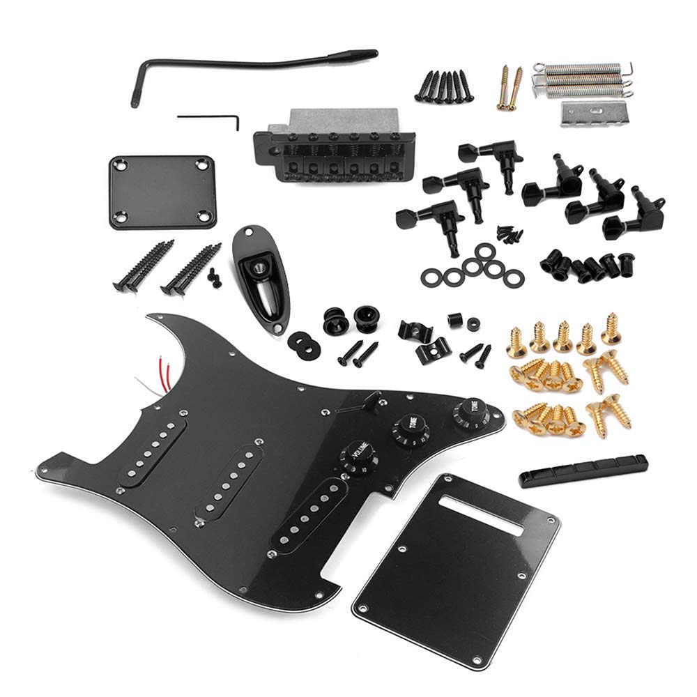 ST Style Electric Guitar Full Set DIY Accessory Kit with Pickguard SSS Pickups and Other Accessories Pre-Wired Bridge, (Black)