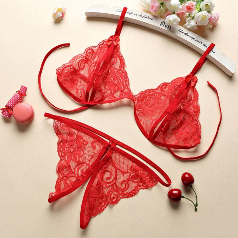 Transparent Thong Floral Panty Women Bra Lace Lingerie Open Cup