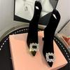 Women's shoes women's shoes temperament high heel elastic thin boots women's pointed black short boots rhinestone square buckle fashion boots women's