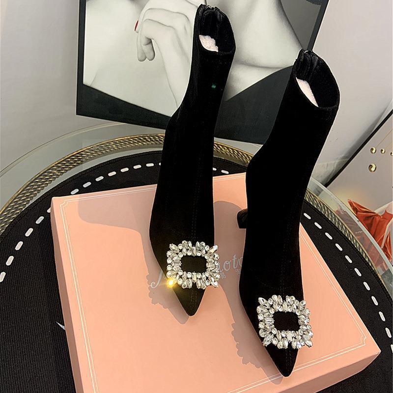 Women's shoes women's shoes temperament high heel elastic thin boots women's pointed black short boots rhinestone square buckle fashion boots women's