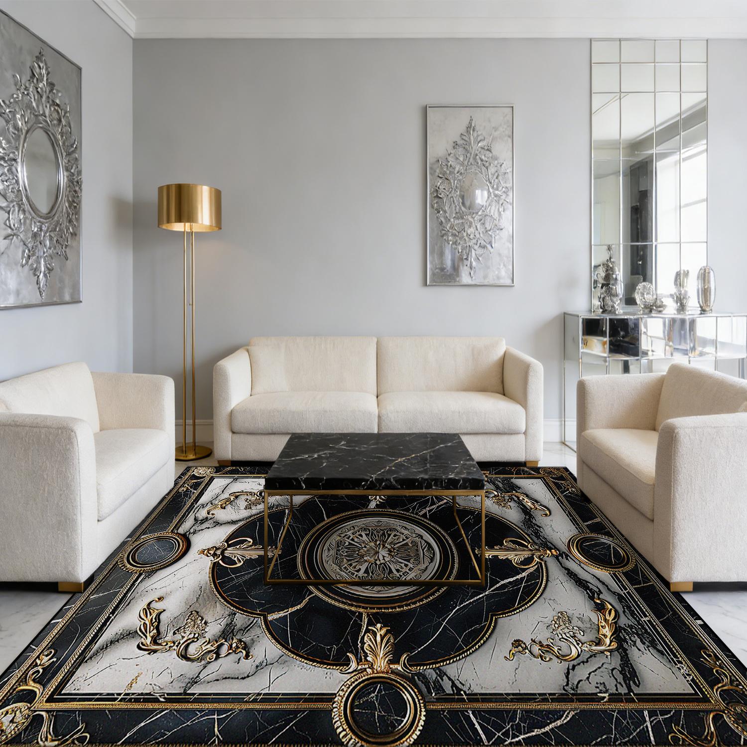 

European Gold Black Large Carpet for Living Room Luxury Decoration Bedroom Area Rug Washable Marble Non-slip Alfombra Tatami Mat 50x80cm