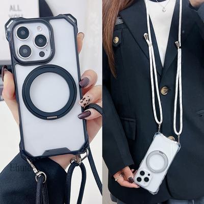 Metal Magnetic Holder Case For iPhone 17 16 15 14 13 11 12 Pro Max X Plus 360 Rotation Ring Crossbody Lanyard Strap Clear Cover