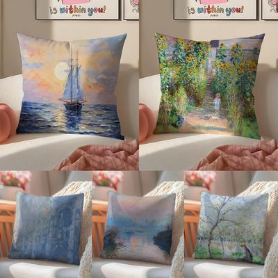 OscarClaude Monet Cushion Cover Linen Pillowcase Cover Soft Decor for Sofa Home Room