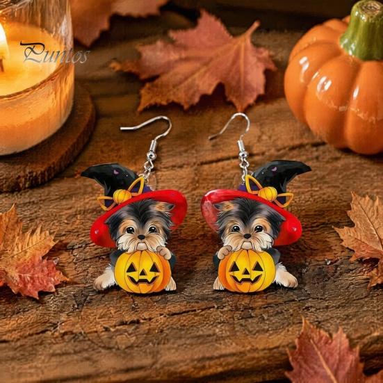 Decorative Holiday Ear Jewelry Witch Hat Puppy Earrings, Cute Dog Pumpkin Drop Lightweight Acrylic Jewelry, Halloween Accessories for Women