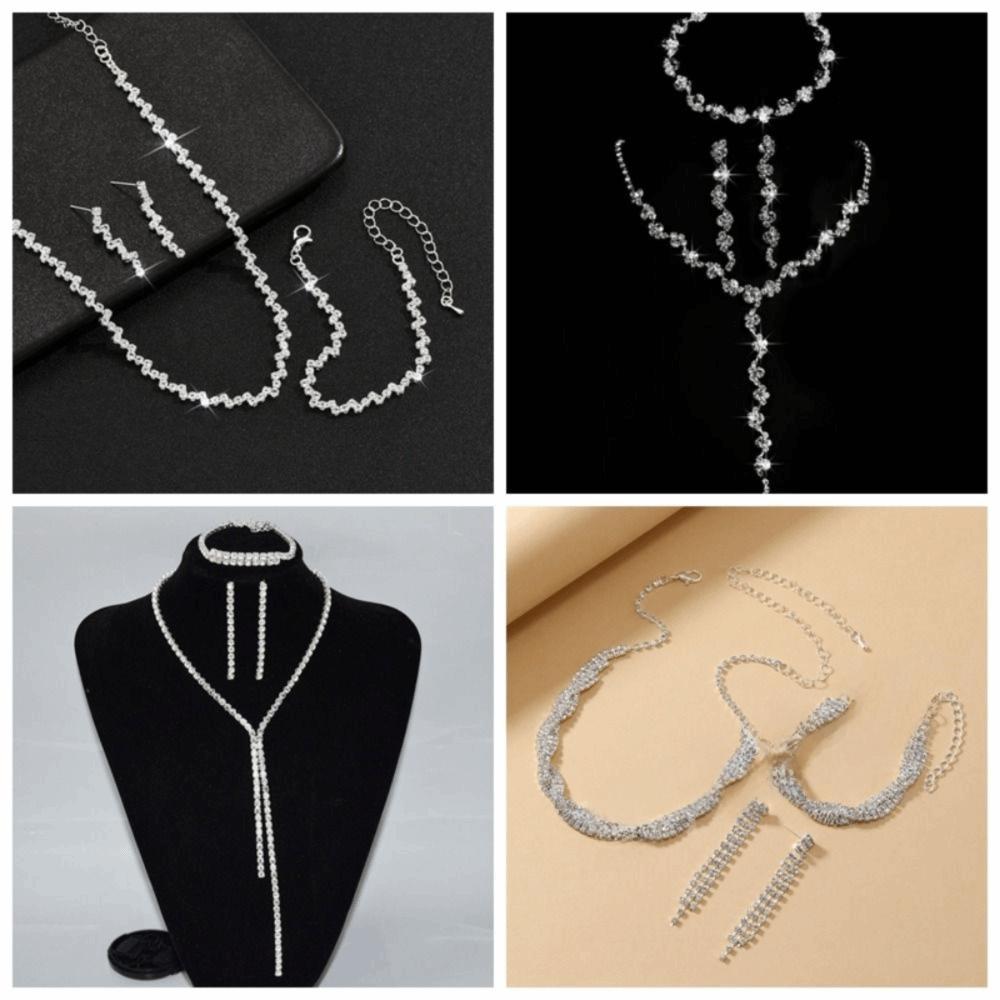 Korean Style Wedding Bride Jewelry Sets Geometric Rhinestone Tassel Earring  Gift