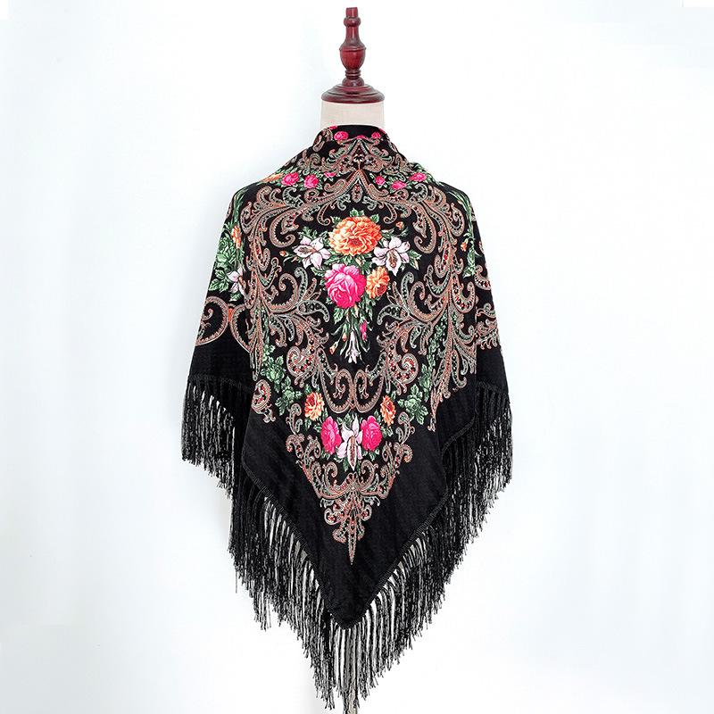 130*130cm Russian National Scarf Women Luxury Floral Bandana Fringed Ukrainian Shawl Big Size Handkerchief Babushka Head Wraps