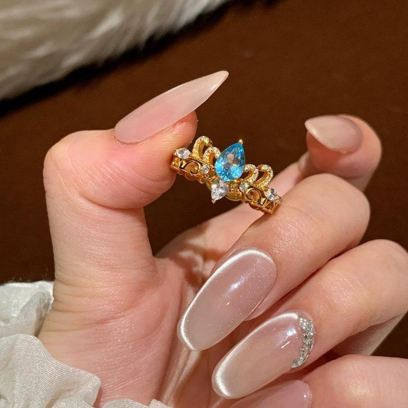Blue Tear Crown Water Drop Women s Retro Luxury Open Ring Adjustable
