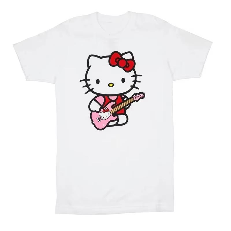 

2026 Hello Kitty Print Black and White Short SleeveHip Hop Style Comfortable summer Womens loose Tshirt S