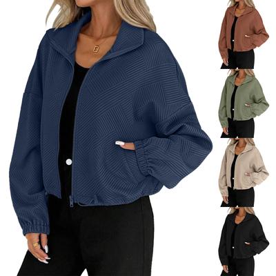 Women's Fashionable Solid Color Long Sleeved High Neck Zipper Hem Drawstring Pocket Loose Baseball Jacket