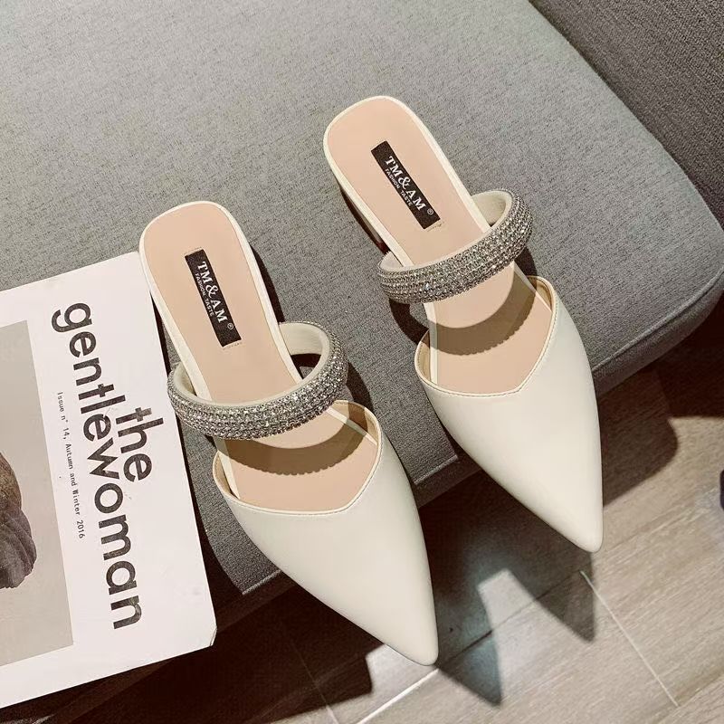 Elegant Temperament Rhinestone High Heel Pointed Toe Slippers Women's 2025 New Outer Wear Half Drag High-end Versatile Women's Shoes