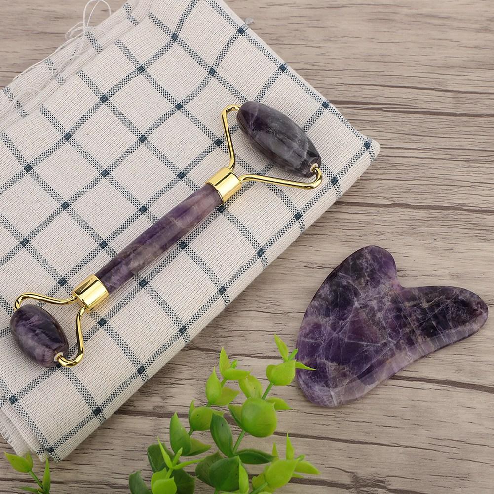 Natural Amethyst Double Head Jade Stone Roller & Guasha Scrapping Plate Face Massage Tool Kit