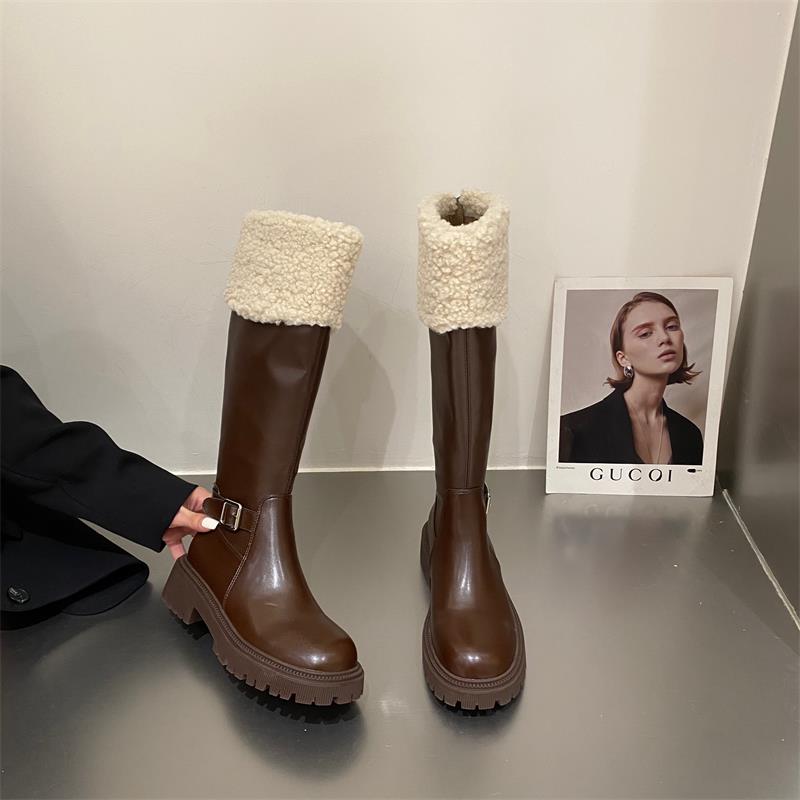 Buty na platformie Damskie Wysokie Kozaki z Futrem Ciepłe Skórzane Zimowe Kozaki 2025 Brytyjska Moda Długie Motocyklowe Botas Zapatos De Mujer