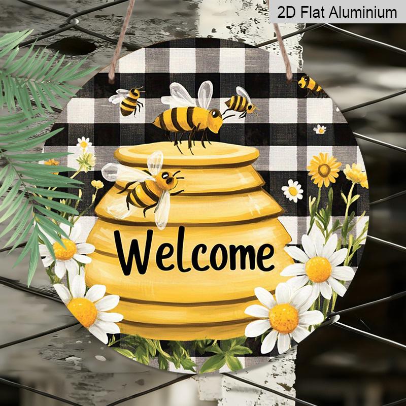 2D Flat, 1pc "Bee Welcome Plus" Monogrammed Round Metal Sign, Ideal for Home, Cafe, Restaurant, Garage, Garden Indoor and Outdoor Use, Event and