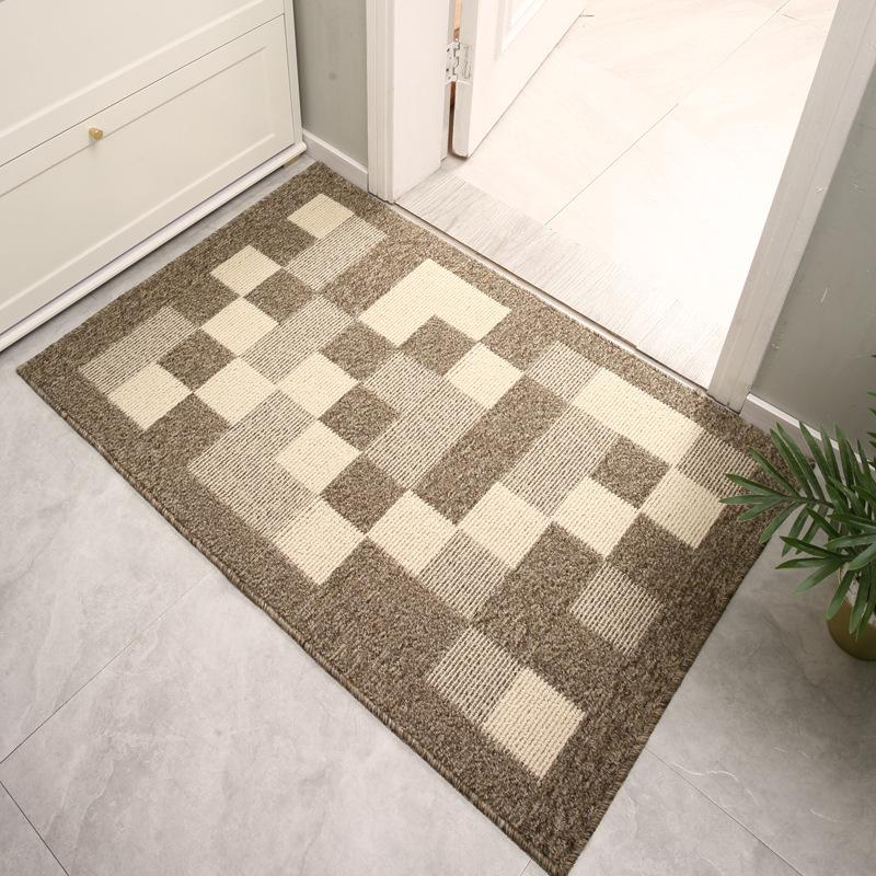 Brown Checkered Striped Washable Polypropylene Entrance Doormat