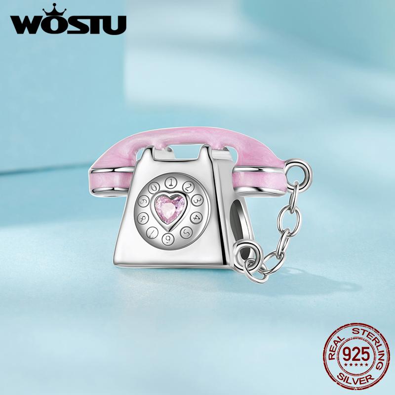 WOSTU Sweet Girl Jewelry Gift 925 Sterling Silver Birthday Cake Bear Charm Pink Telephone Bead Perfume Bottle Pendant Necklaces
