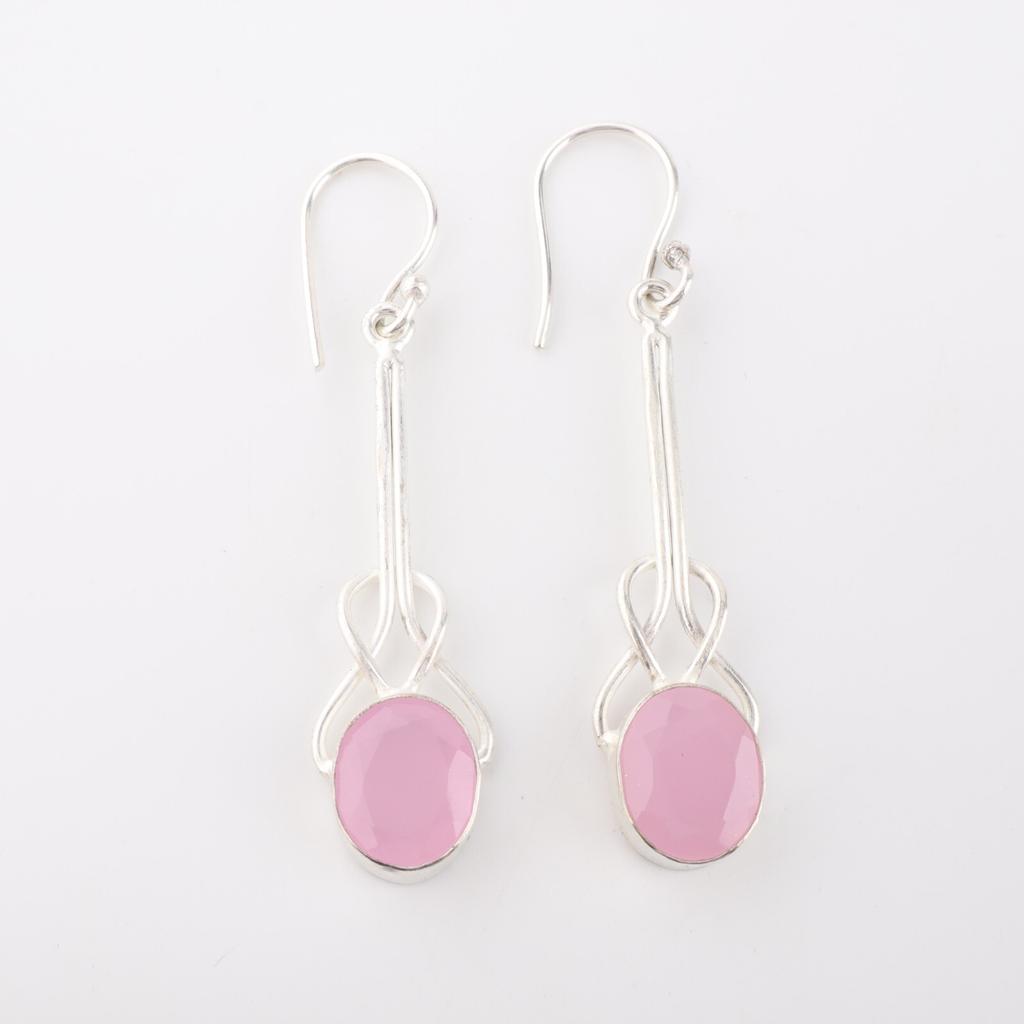 Rose Chalcedony Gemstone 925 Sterling Silver Jewelry Handmade Earrings 1.76" EE-171-18