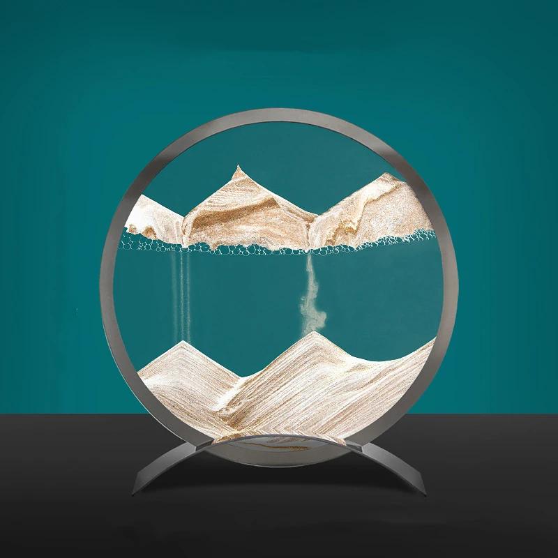 Sandscape Moving Sand Art Picture Round Glass Quicksand Hourglass Metal Base 3D Deep Sea Flowing Sand Painting Home Decor Gifts