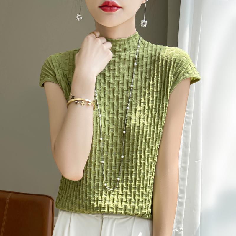Women T-shirt Tank Summer Knitted T-shirt Short Sleeve Tees Basic Tees Knit Top Pullover Turtleneck Female