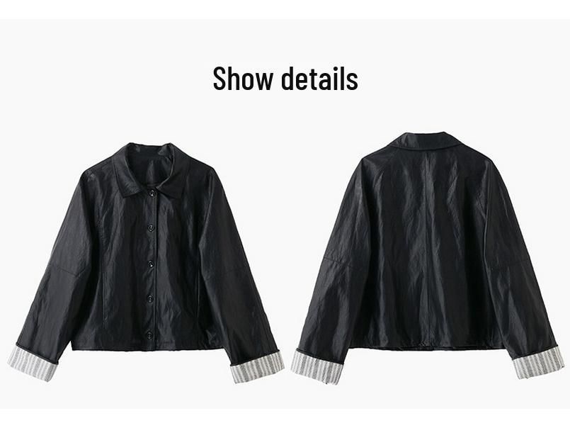 Women's Retro High-End Black Leather Jacket with Spliced Cuffs - Spring 2025 Collection (YB8859)