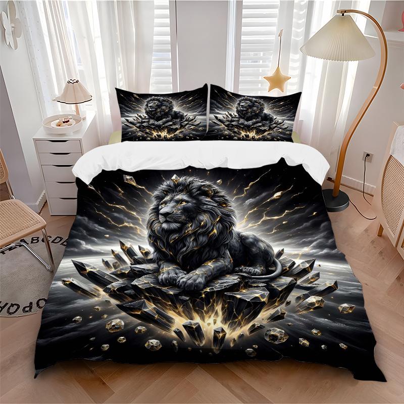 3pcs Emerging Lion Printed Quilt Set - Soft and Comfortable Quilt Cover for Bedroom, Guest Room and Dormitory