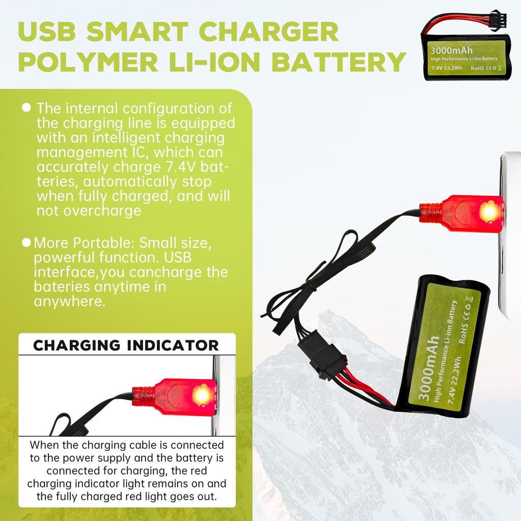 2PCS 7.4V 3000mAh 15C 2S Li-ion Battery with SM-4P Plug and USB Charging Cable for EC08, DE85, Remote Control Cars, Trucks, Boats, Drones, and