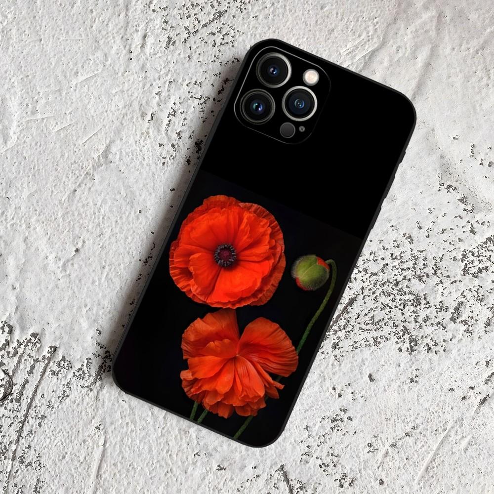 Poppy Flower Bloom Phone Case for Iphone 15 14 13 12 11 Pro Max Xr X Xs Mini 8 Plus SE 2022 Black Soft Silicone Cover