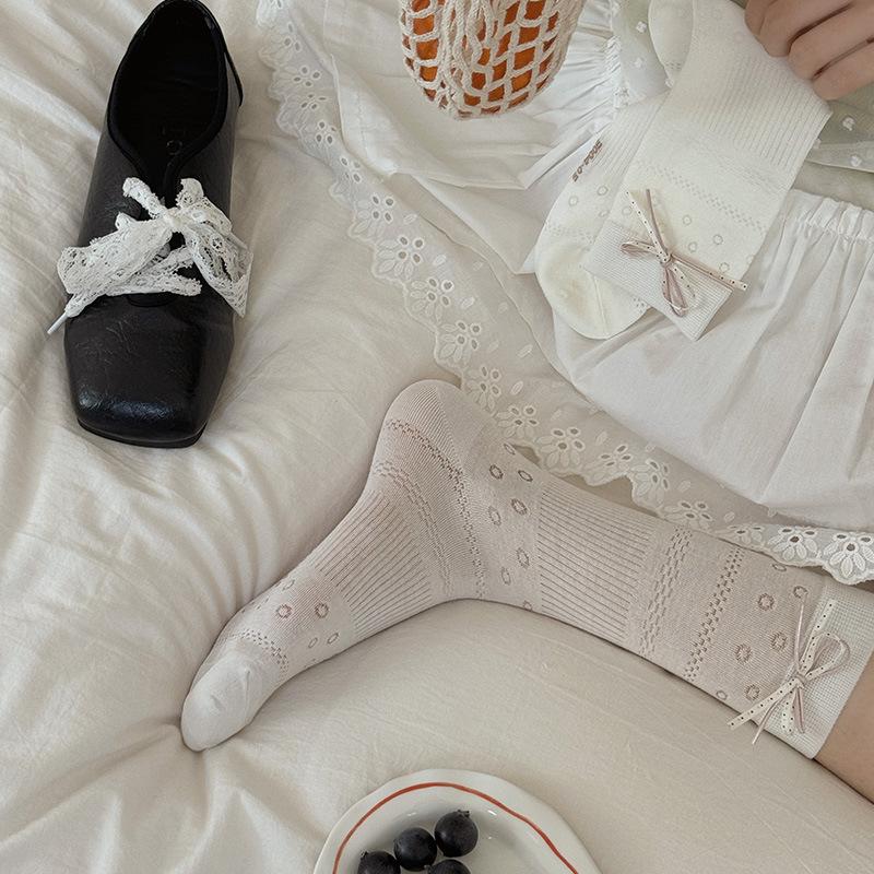 Grayish-white Socks, Women's Bow Mid-calf Socks, Summer Thin Mesh Hollowed-out Solid Color Versatile Pile Socks