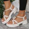 Plateausandalen Damen Sommer neu runder Zeh dicker Absatz elastisches Band Fuß Perlen Muffinsohle Sandalen