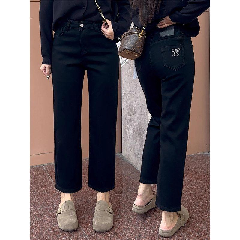 

Spring and Summer New Style Black Straight-Leg Jeans, Plus-Size for Curvy Women, Loose Fit, Slimming, Cropped Cigarette Pants Black L
