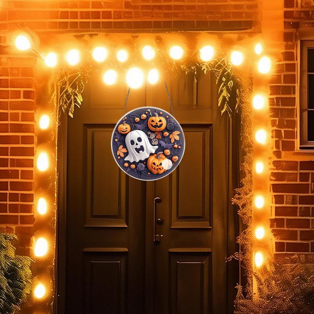 Halloween Door Sign Acrylic 2D Flat Round Sign Decor Halloween Front Door Hanging Wooden Sign Party Supplies for Bedroom Porch