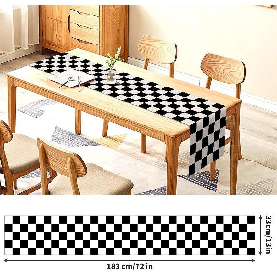 13x72 in Black and White Checkered Table Runner, Classic Linen, Perfect for Race Themed Parties and Events