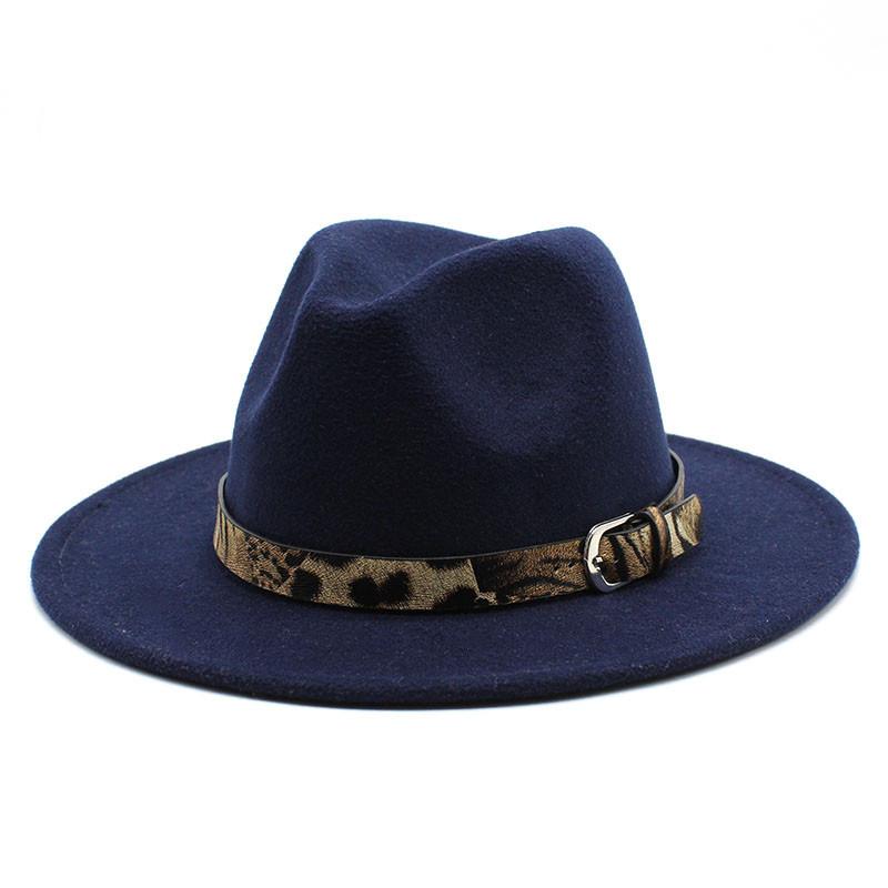 

Autumn And Winter New Woolen Hat Leopard Print Hat Men And Women Flat Brim Big Brim Fedora Hat Felt Cap M(56-58cm)