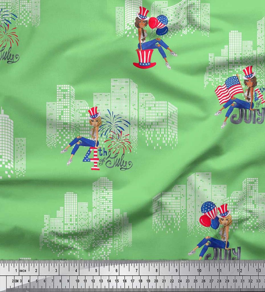 Soimoi Blue Japan Crepe Satin Fabric Text,Women & Bulidings Architectural Decor Fabric Printed Metre 42 Inch