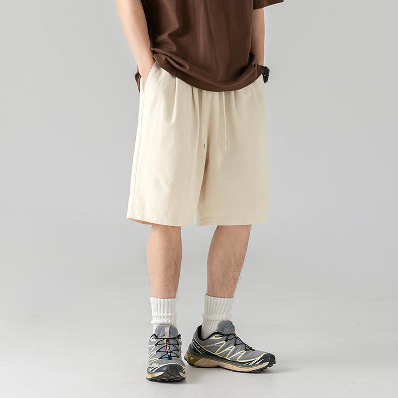 Japanse Stijl Heren Losse Casual Werkkleding Shorts All-Match Zomer Effen Geplooide Knie-Lengte Korte Broeken
