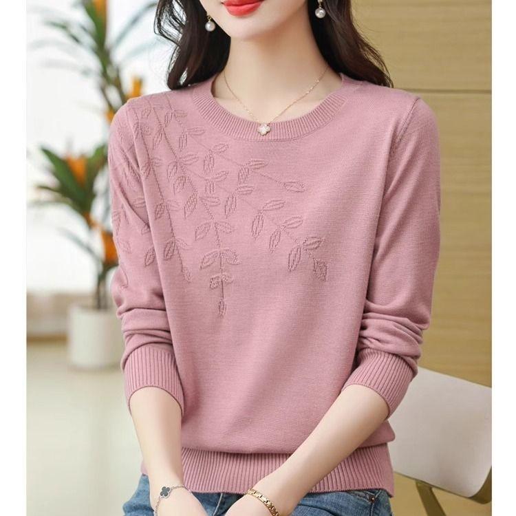 Embroidered Round Neck Knitted Sweater Women's Long Sleeve Autumn Winter New Fashion Slimming Design Base Layer Top