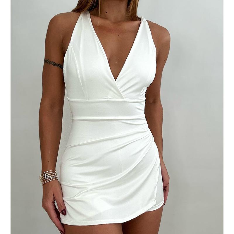 European & American Style Deep V-Neck Halter Backless Sexy Hip-Hugging Short Dress Extra Large белый