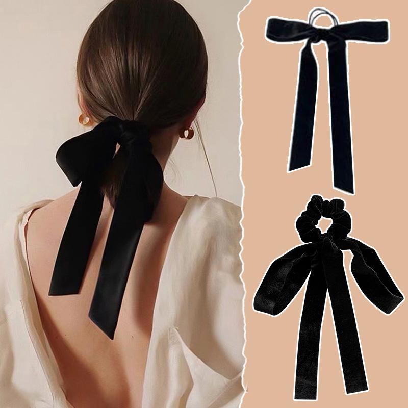 Mode Vintage Schwarze Samt Schleife Haarband Scrunchie für Damen Mädchen Langes Elastisches Haargummi Kopfschmuck Weibliches Haarzubehör
