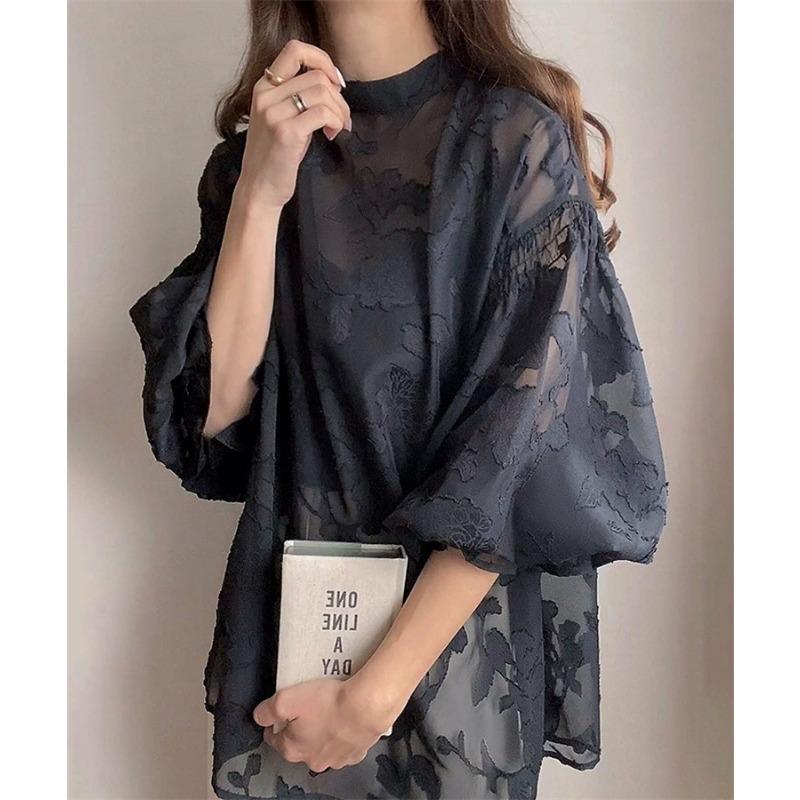 Blusa base casual da donna, larga, reversibile, a maniche lunghe, in pizzo