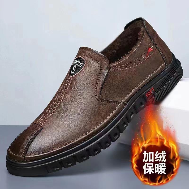

Men s shoes 2024 autumn and winter new velvet men s business shoes leather shoes soft sole middle-aged low-top men s casual shoes 44