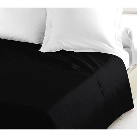 Drap Plat 1 Place - 100 % Coton - Noir - 180 x 290 cm - Tissage Serré - Lavable