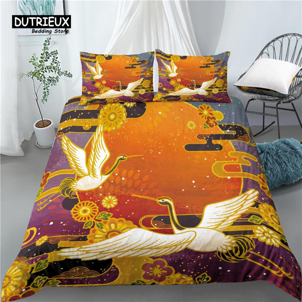Home Living Luxury 3D Crane Print 2/3Pcs Comfortable Duvet Cover Pillowcase Bedding Sets Queen And King Eu/Us/Au Size