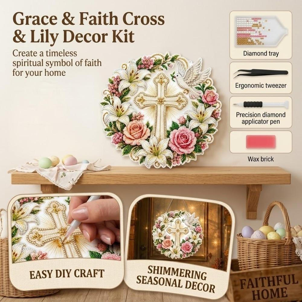 Cross, Flowers, and Peace Dove Diamond Painting Hanging Kit, Religious DIY Diamond Painting Light Catcher with Crystal Pendant