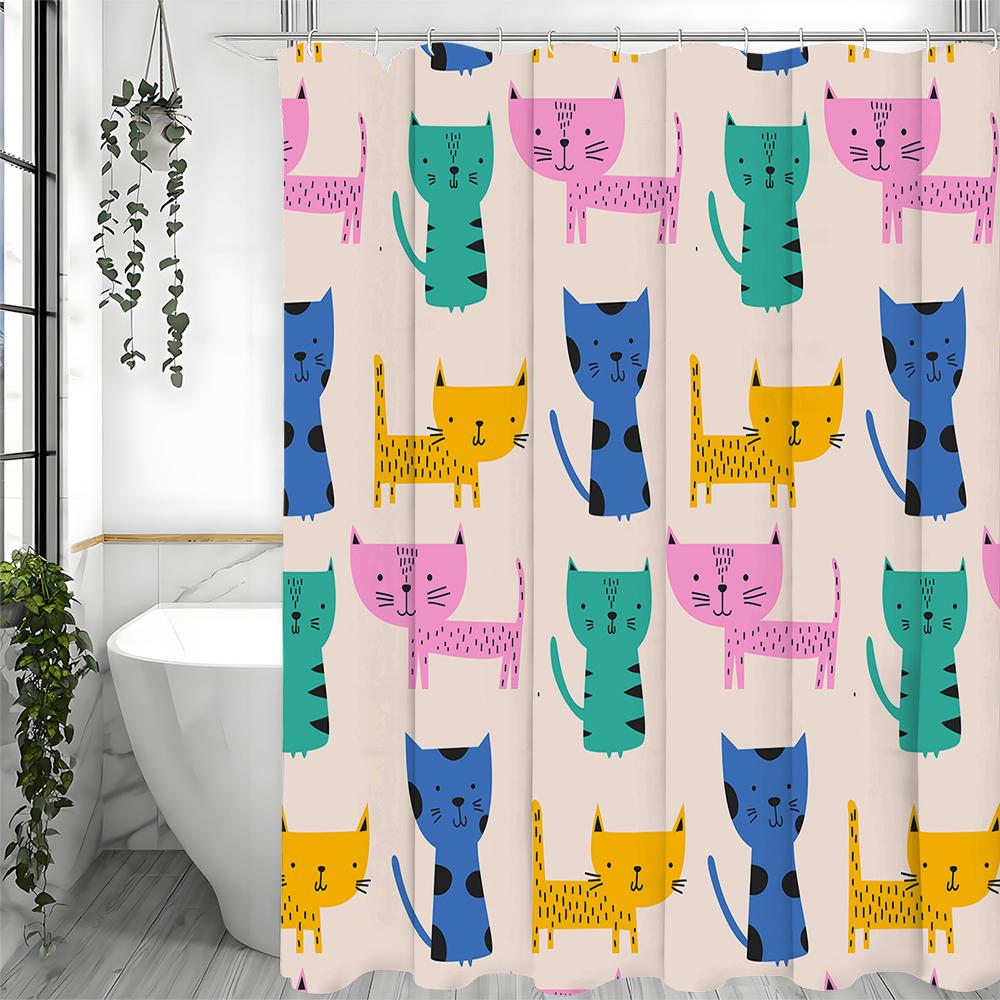 Cartoon Bunte Katze Duschvorhang, Badezimmer Dekorativer Duschvorhang, Wasserdichter Duschvorhang mit Haken