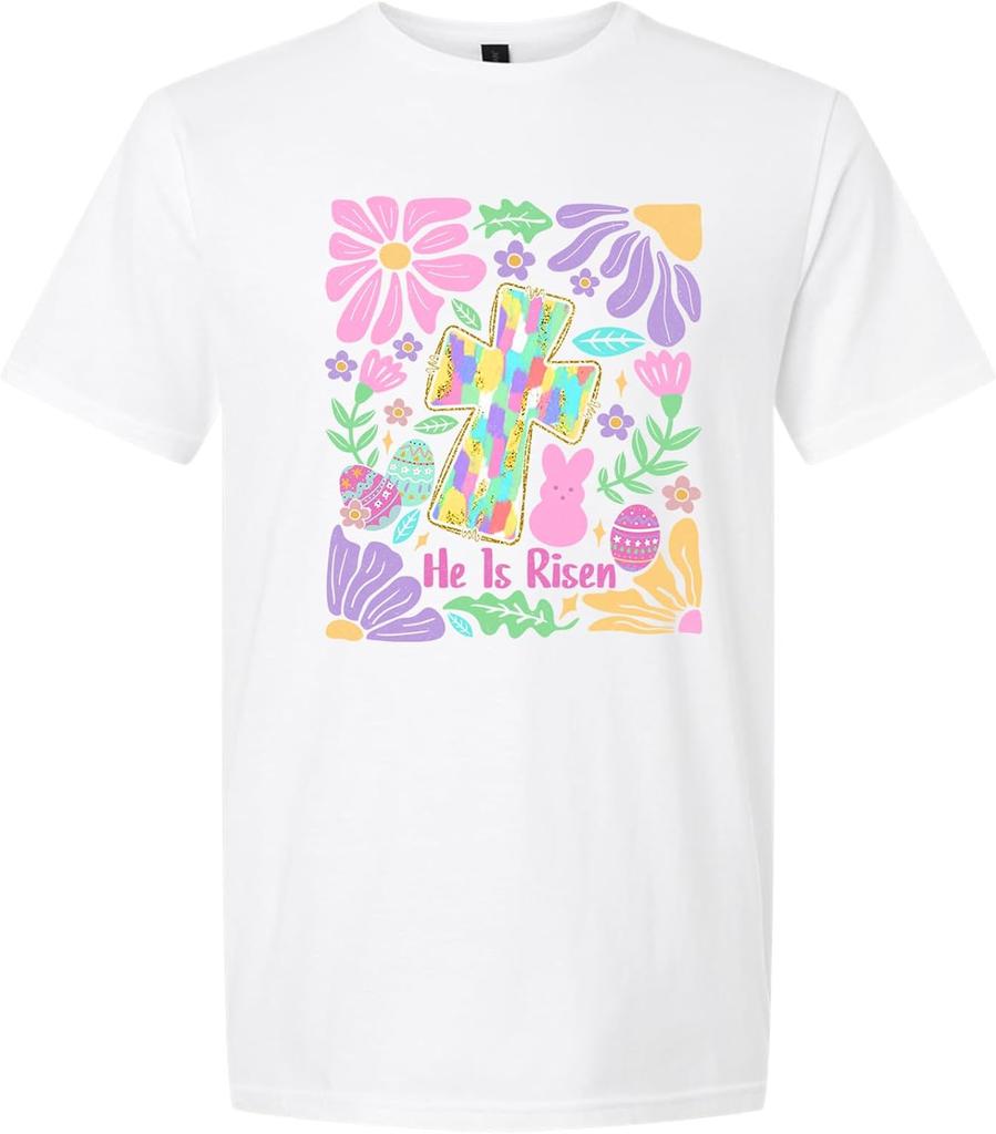 He is Risen Christian Easter Shirt Colorful Cross Floral Faith Graphic Tee Unisex T-Shirt