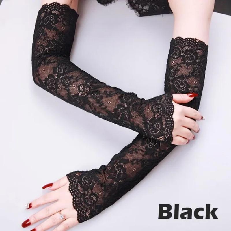 1 Pair Summer Sun UV Protection Lace Cycling Bike Sports Solid Colored Fingerless Gloves Women's Floral Lace Arm Sleeves