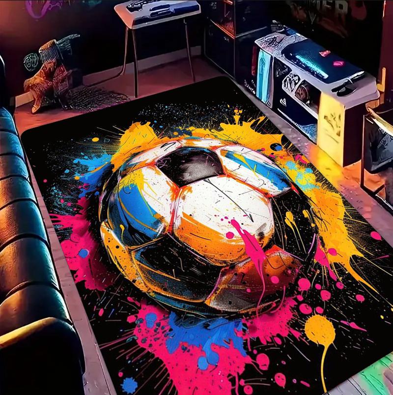 Trendy Colorful Graffiti Soccer Pattern Area Rug Street Art Style Non-Slip Floor Carpet for Living Rooms Teen Rooms