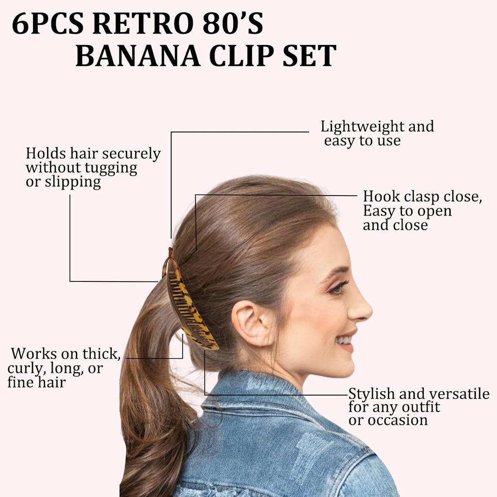 6 Stück Bananen-Kamm Klassischer Retro 80er Jahre Stil Haarkamm Langlebig Keine Knicke Bananen-Kämme zum Stylen, Dickes bis Dünnes Haar, Schildpatt